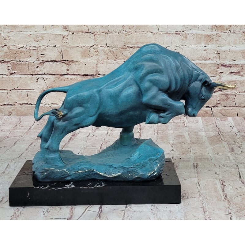 Charging Bull Hot Cast Bronze Figure W/ Blue Green Patina On Marble Base By Milo