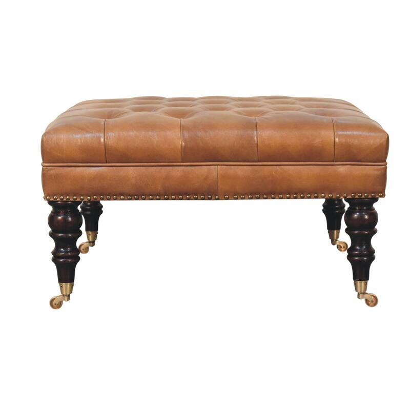 Artisan Furniture Solid Wood Studded Buffalo Tan Leather Ottoman with Castor Legs - Tan - Medium
