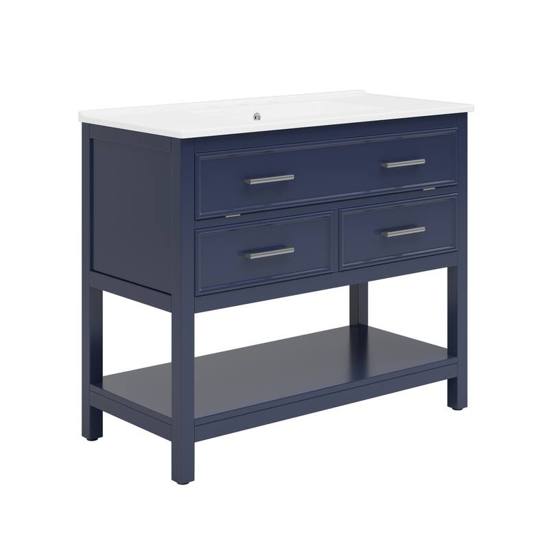 Roomfitters 36" Bathroom Vanity with Ceramic Sink, Tip-Out Tray, 2 Full-Extension Soft-Close storage units and Open Shelf
