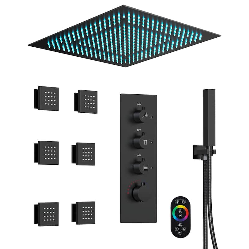GRANDJOY LUXURY Shower Faucet System 20" Ceiling Mount LED Rainfall Shower Faucet with 6 Body Jets Handheld Spray with Hose - Matte Black