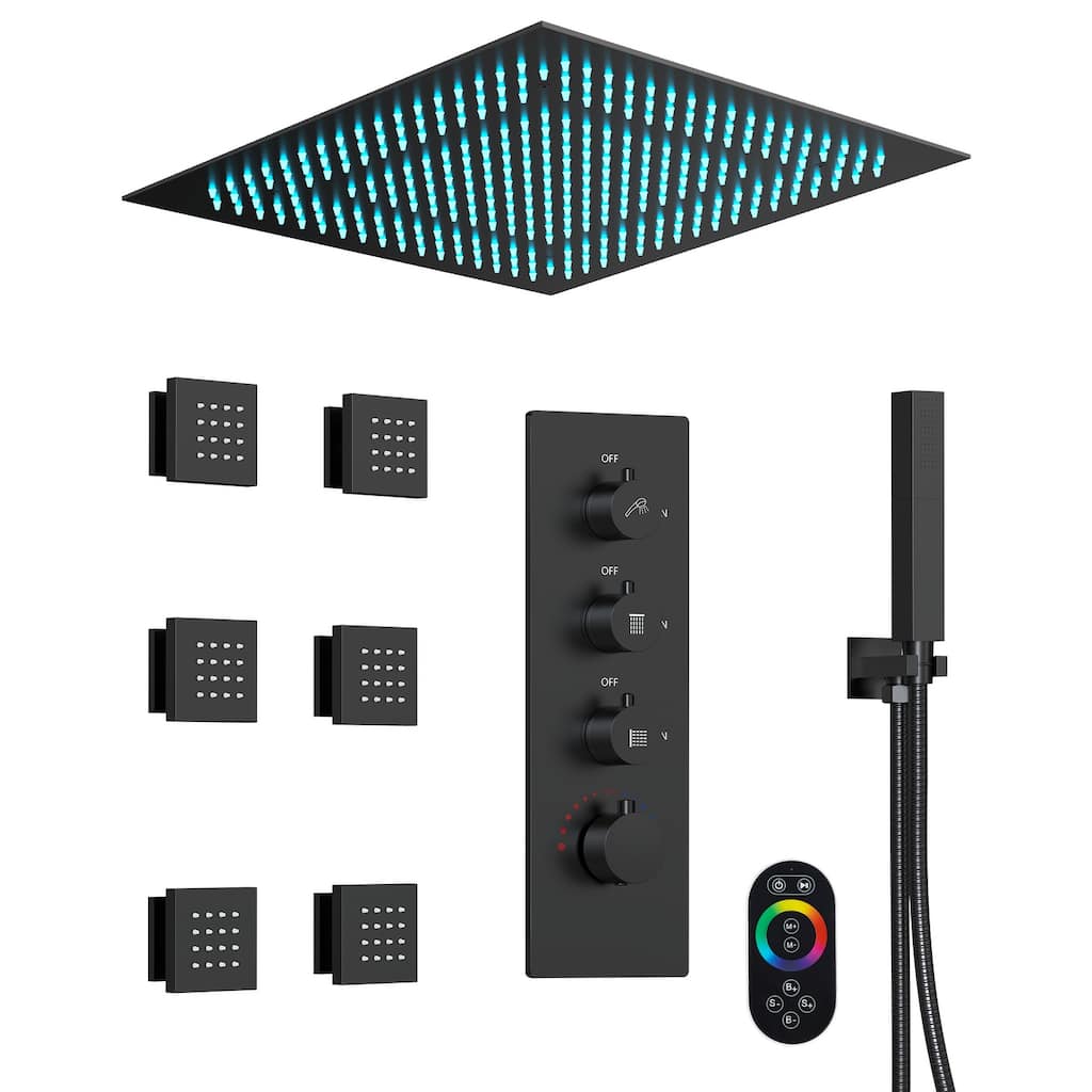 GRANDJOY LUXURY Shower Faucet System 20" Ceiling Mount LED Rainfall Shower Faucet with 6 Body Jets Handheld Spray with Hose