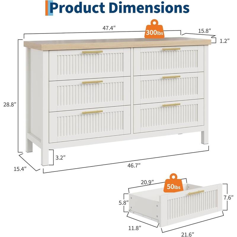 Modern Fluted Dresser with 6 Storage Drawers, Organizer Cabinet for Living Room, Bedroom