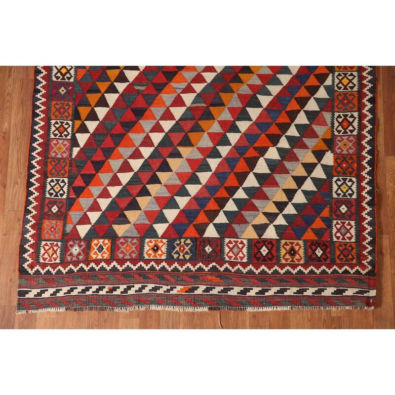 Geometric Kilim Qashqai Persian Vintage Area Rug Flatweave Wool Carpet - 5'0" x 7'10"
