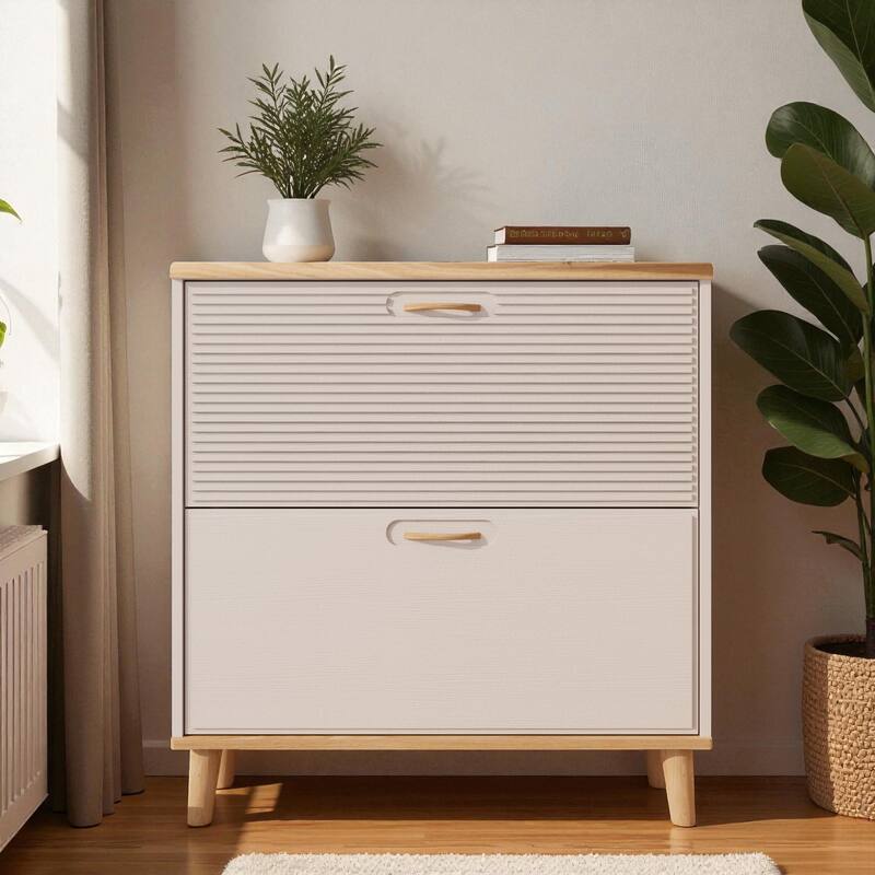 31.5" Narrow Shoe Storage Cabinet with 2 Flip Drawers, Slim Freestanding Entryway Shoe Organizer with Natural Wood Legs - White
