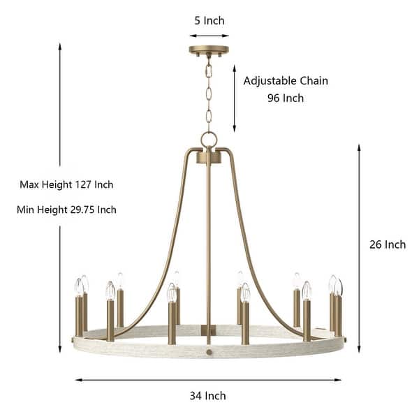dimension image slide 1 of 3, Acroma 12-light Farmhouse Modern Wagon Wheel Chandelier Candle Dining Room Lighting - 34''