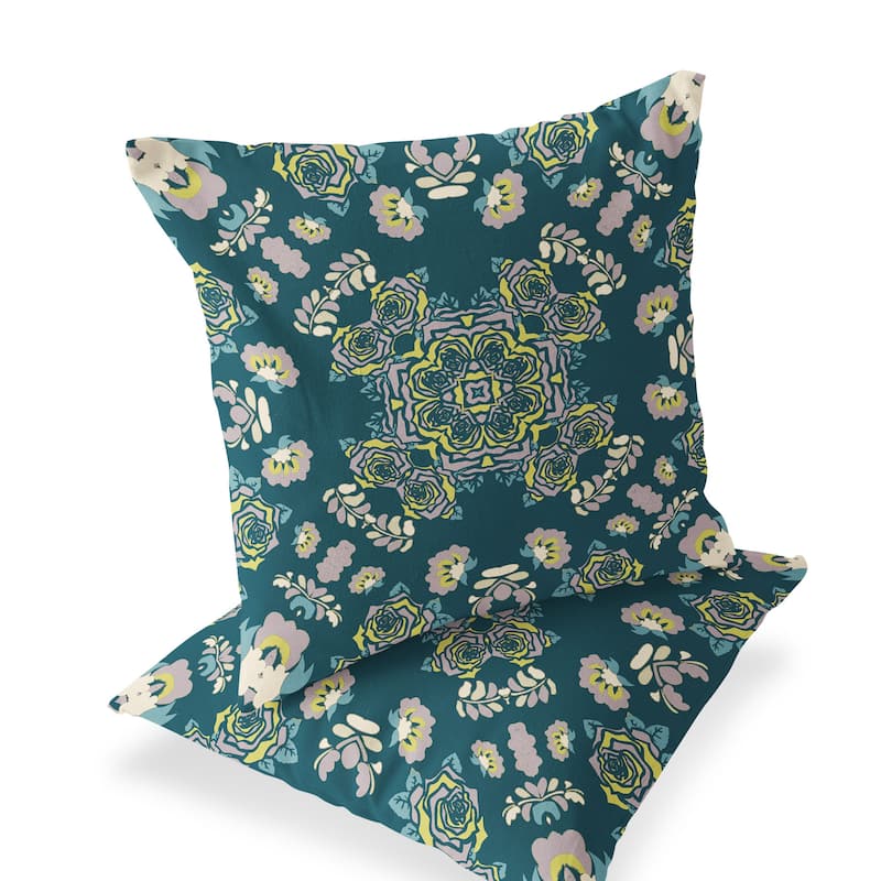HomeRoots Set of Two 16" X 16" Green and Yellow Blown Seam Floral Indoor Outdoor Throw Pillow - 16.00' X '16.00' X '5.00