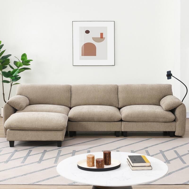 Striped Chenille Modular Sectional Sofa Set with Movable Ottoman, Phone Holder, Dual-Port Charging, 2 Side Storage Pockets