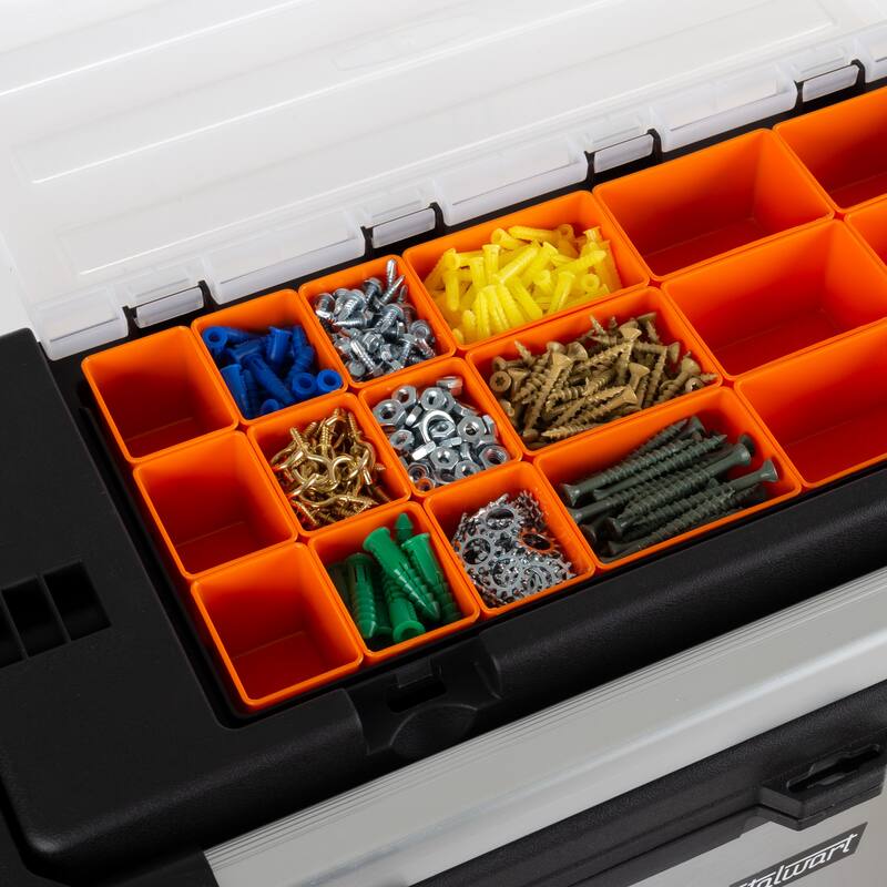 Tool Box with 18 Bins and Removable Tray - Portable Metal and Plastic Tool Tote with Ergonomic Handle by Stalwart