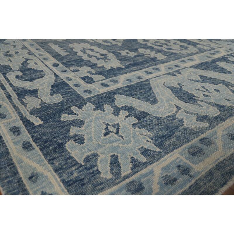 Hand Knotted Oriental 100% Wool Carpet Transitional All-Over Navy Blue & Blues Oushak Area Rug - 11' 10'' X 7' 11''