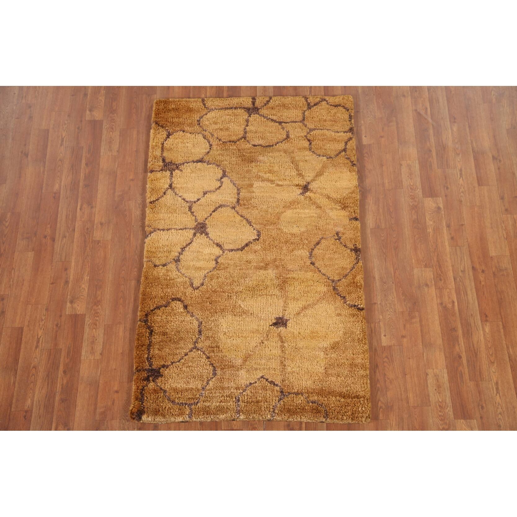 Floral Gold Oriental Area Rug Handmade Yellow Jute Carpet 3'2" x 5'2