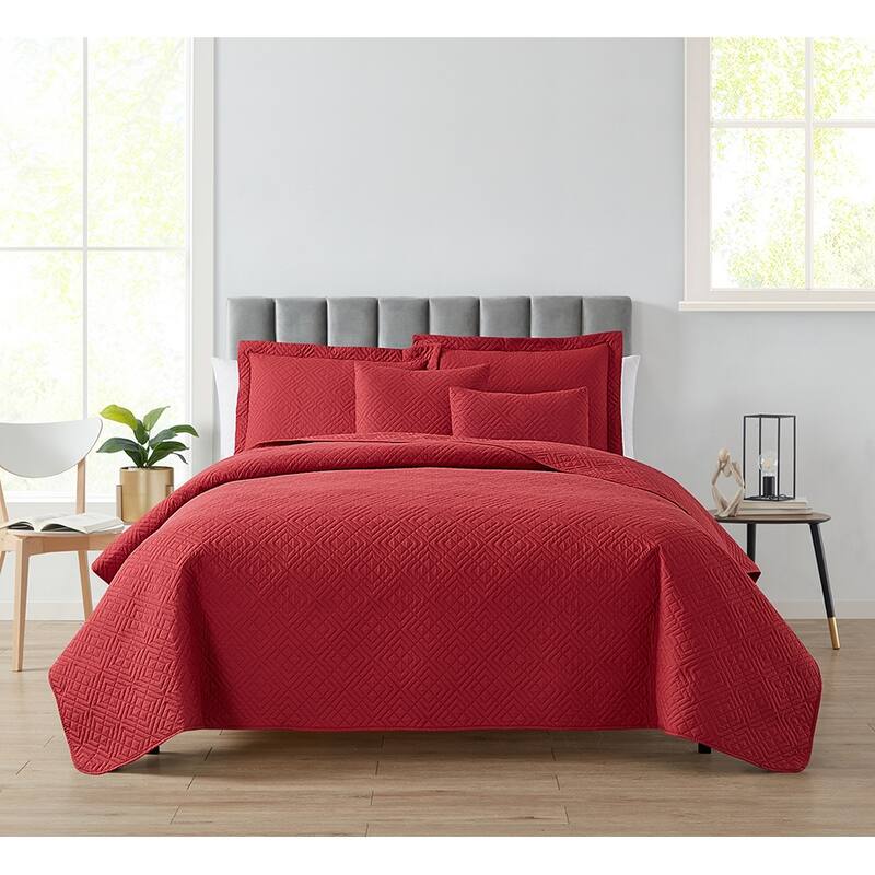 Clara Clark Bedspread Quilt Set - Embossed Pinsonic Lightweight Coverlet Set - Burgundy Red - Queen