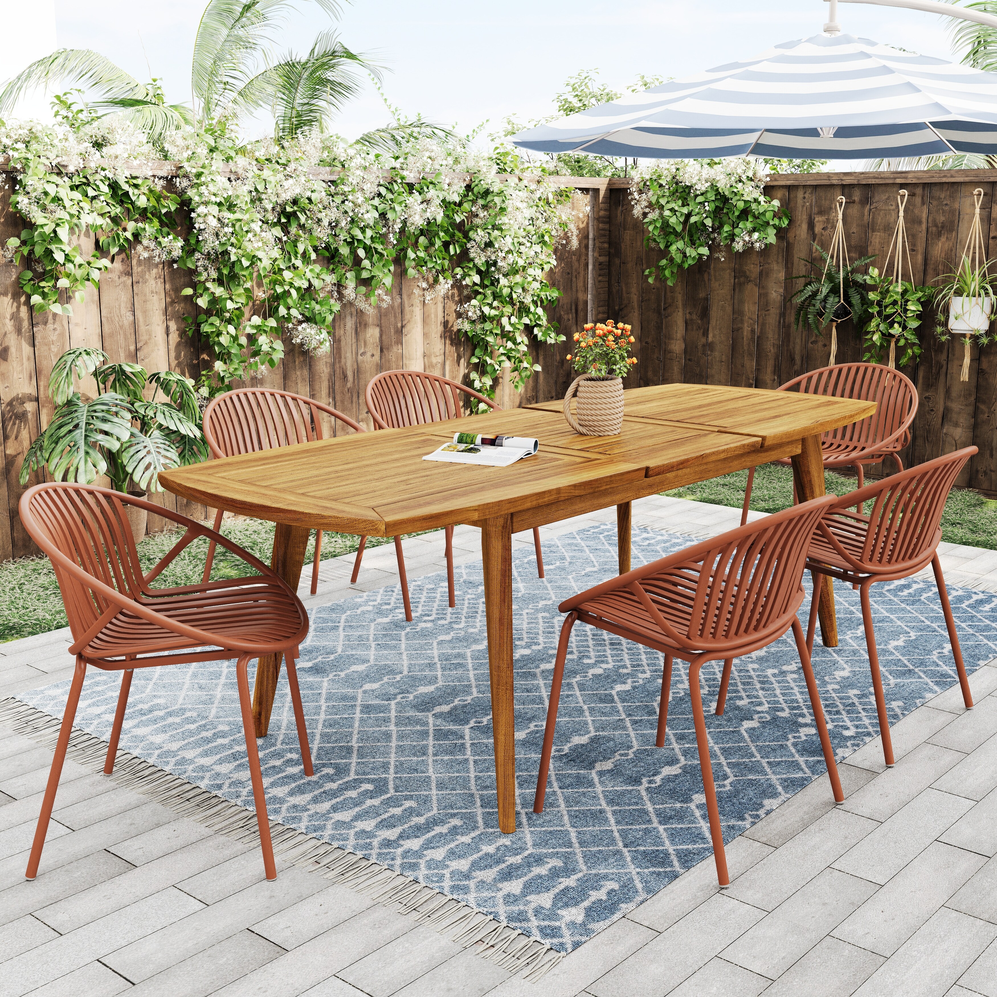 7-Piece Outdoor Expandable Dining Table Set, Modern Acacia Wood