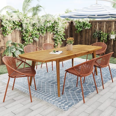 7 Pieces Modern Expandable Dining Set with 6 Stackable Chairs Outdoor Patio Wood Dining Table Casual Coffee Table