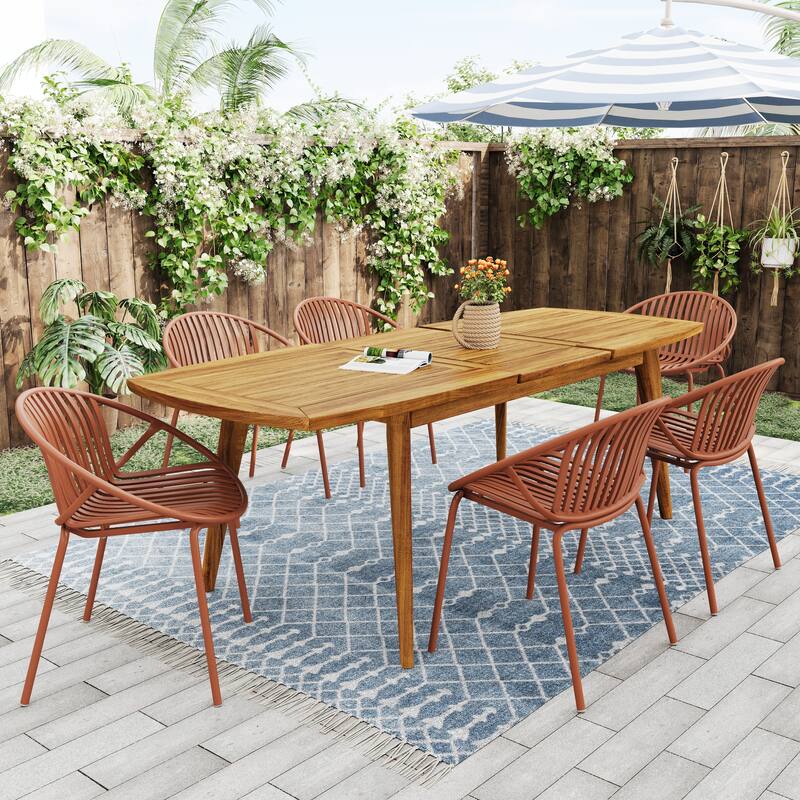 Roomfitters Outdoor Expandable Dining Set 7 Piece Acacia Wood Table Stackable Chairs