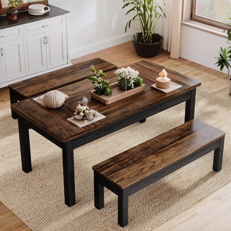 55-Inch Farmhouse Kitchen Table Set, Wood Dining Table with 2 Benches