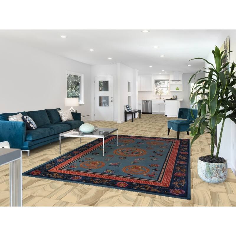 Vegetable Dye Blue Art Deco Chinese Vintage Handmade Wool Carpet - 6'5" x 9'7"