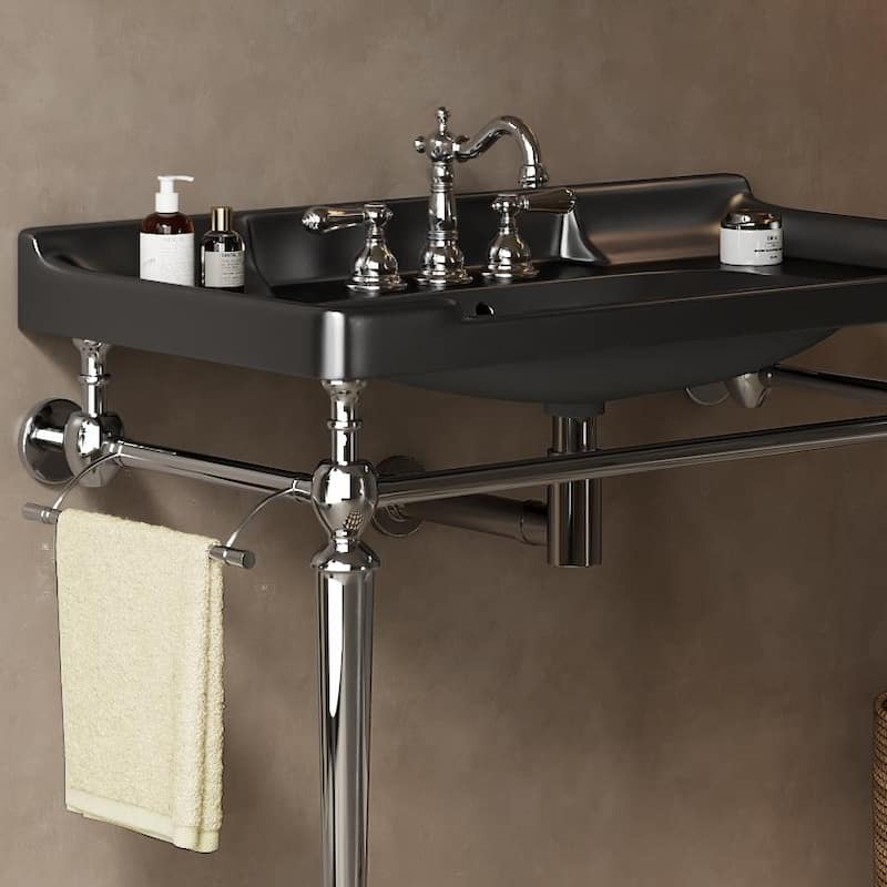 Bathroom Console Sink, Wall-Mounted Black Ceramic Vanity Basin with Pre-drilled Faucet Holes - Black,Chrome