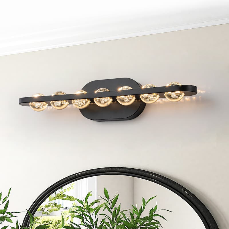 7-Light Modern Black Linear LED Vanity Light Clear Globe Glass Shades