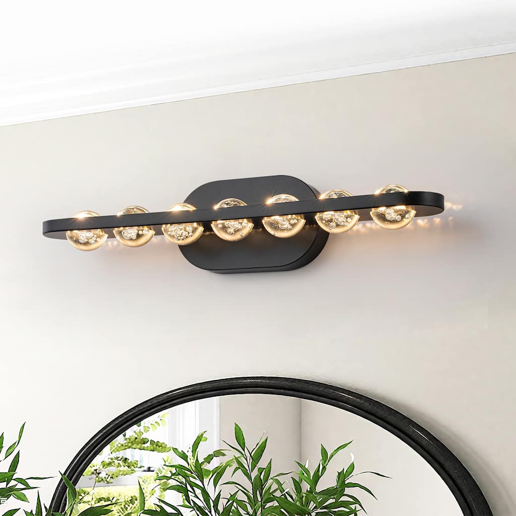 7-Light Modern Black Linear LED Vanity Light Clear Globe Glass Shades