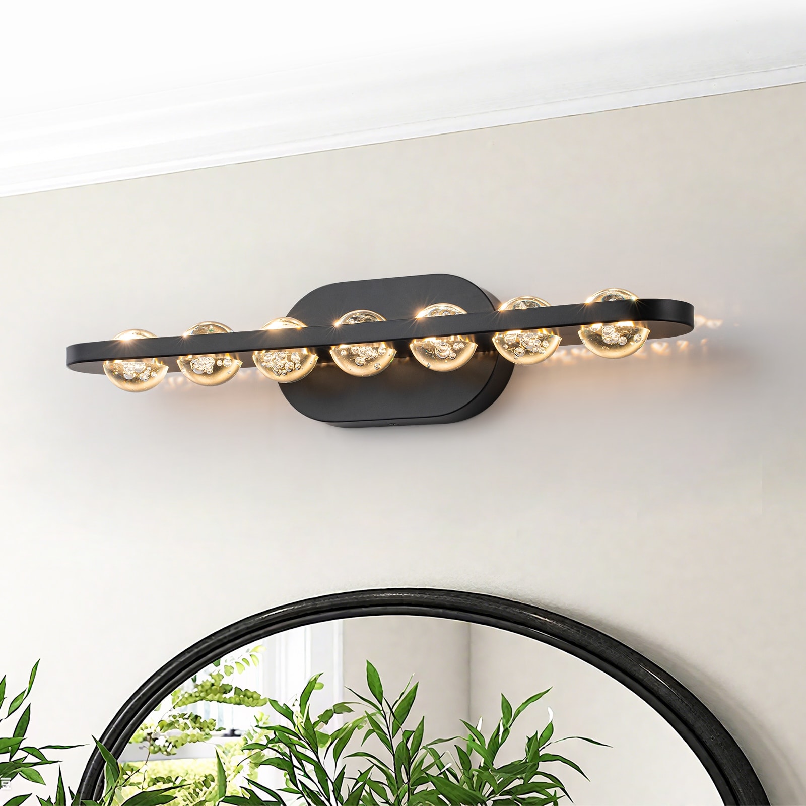 7-Light Modern Black Linear LED Vanity Light Clear Globe Glass Shades
