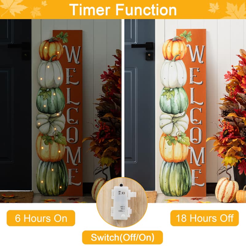 Glitzhome 42"H Lighted Fall Wood Stacked Pumpkins Welcome Porch Sign w/Timer