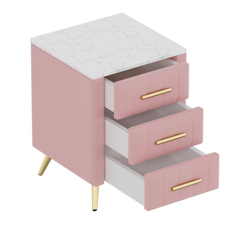 Pink Upholstered Wooden Nightstand with 3 Drawers, Marbling Worktop, and Metal Legs