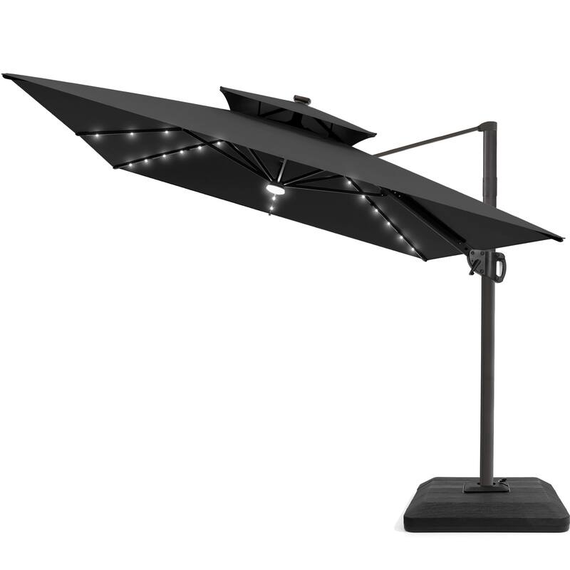 9 X 11 FT Outdoor Patio Cantilever Umbrella with Solar Lights 4-Piece Premium Base Double Canopy 360 Rotation Tilt