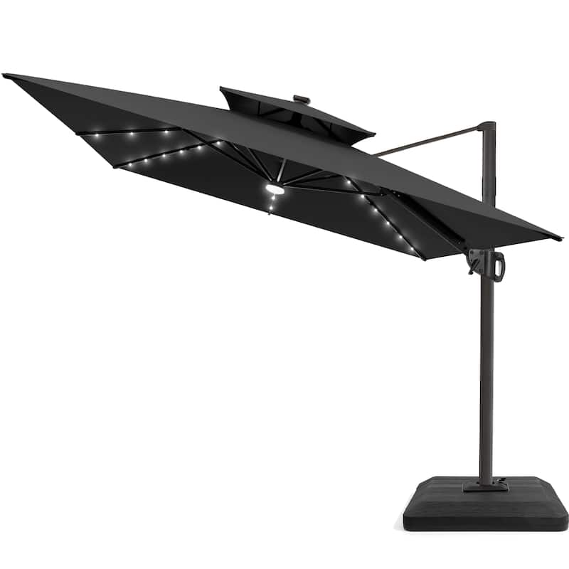 Pellebant 9x11FT Outdoor Dual Top Cantilever Patio Umbrella LED Light with Premium Base Stand