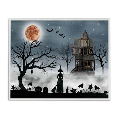 Stupell Halloween Witch Silhouette in Full Moon Haunted House Scene Framed Giclee Texturized Art by Grace Popp