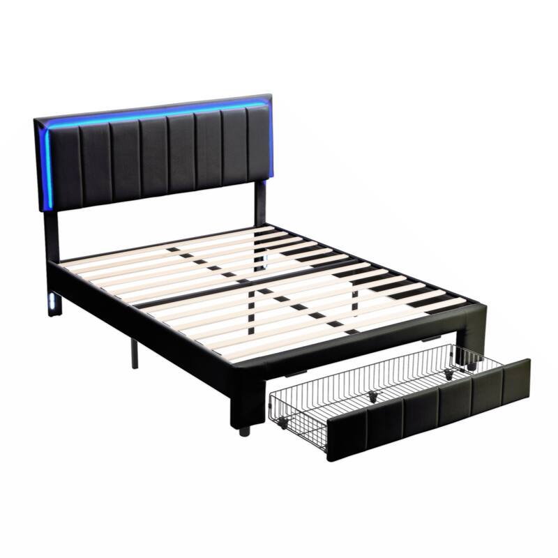 Upholstered Platform Bed with LED Lights and Two Motion Activated Night Lights,Queen Size Storage Bed with Drawer