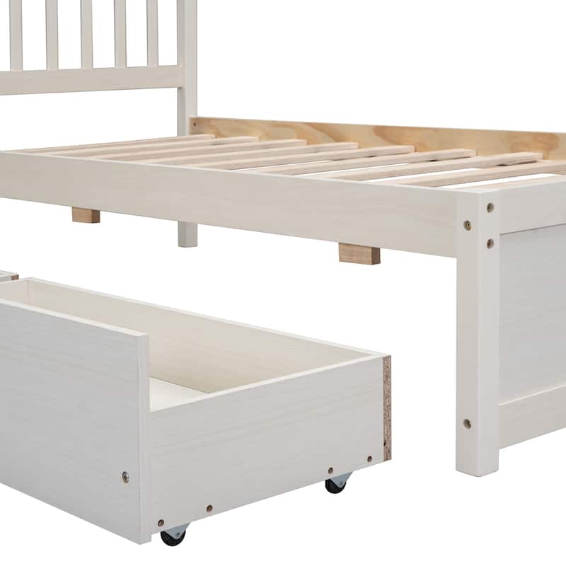 White Twin Platform Bed in Wood with Storage Drawers and Fence Headboard