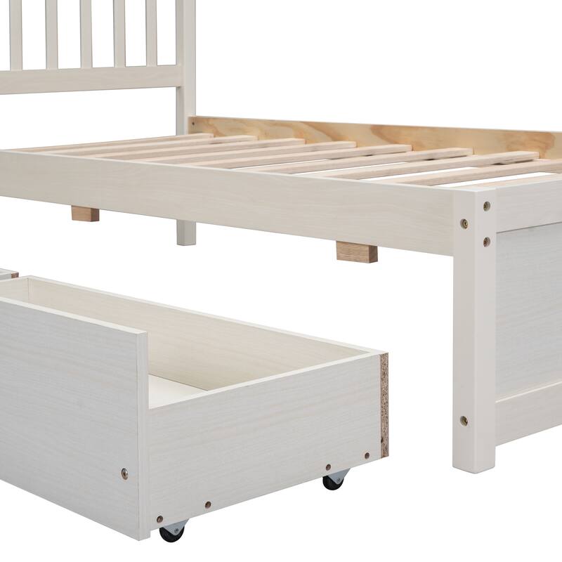 White Wood Twin Size Platform Bed with 2 Storage Drawers, Modern Design, No Box Spring Needed