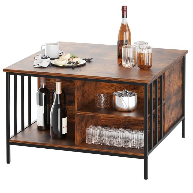 Anmytek Farmhouse Lift Top Adjustable Height Coffee Table with Storage Hidden Compartment 3 Shelves 110lbs Capacity