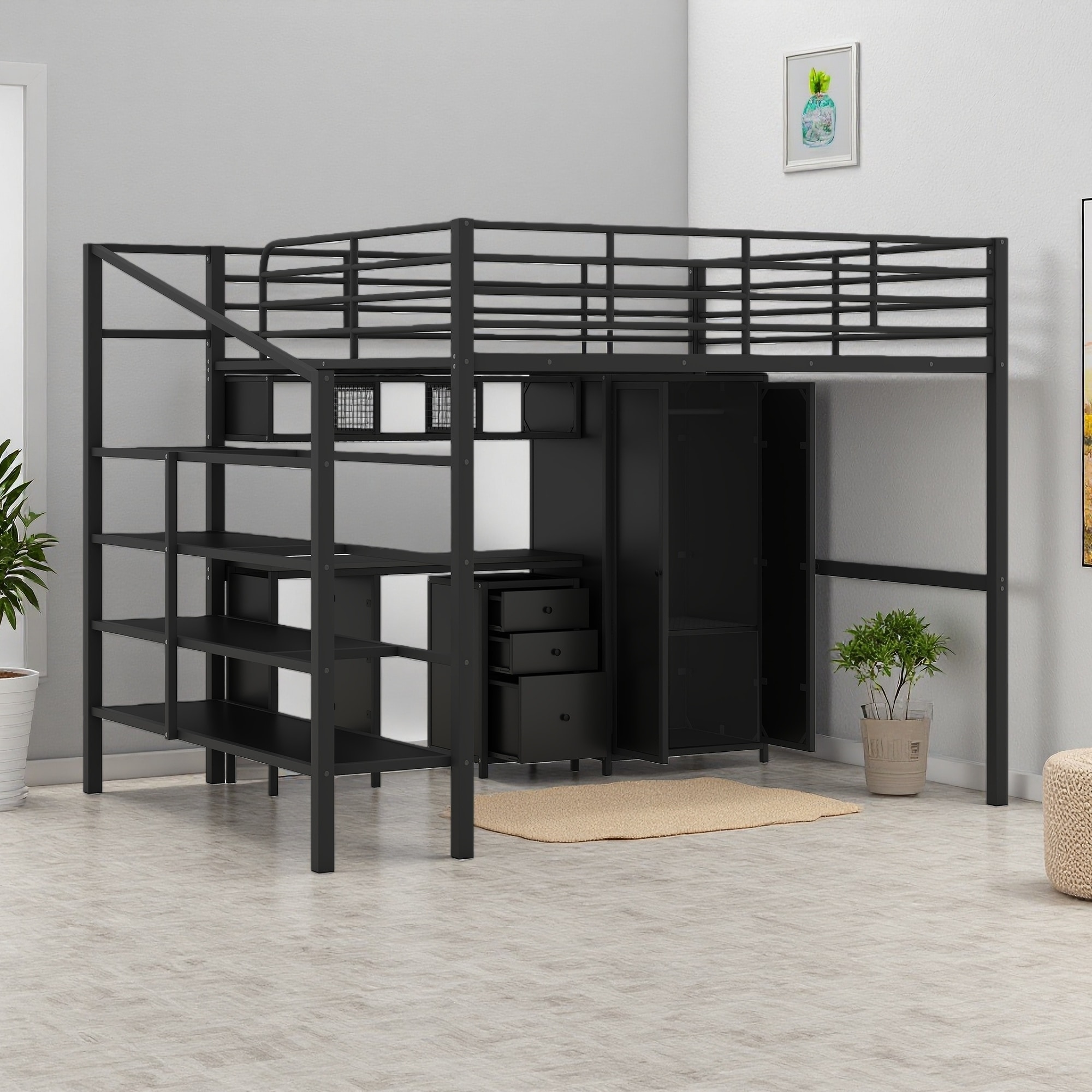 Full Size Metal Loft Bed with Wardrobe, Table Set and Storage Ladder