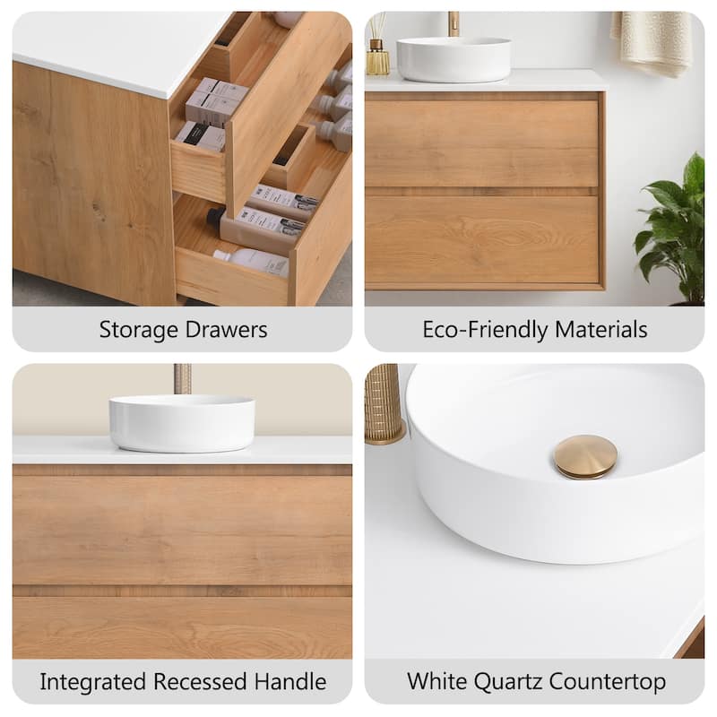 Sylphar 36 inch Toffee Oak Floating Bathroom Vanity with White Quartz Top