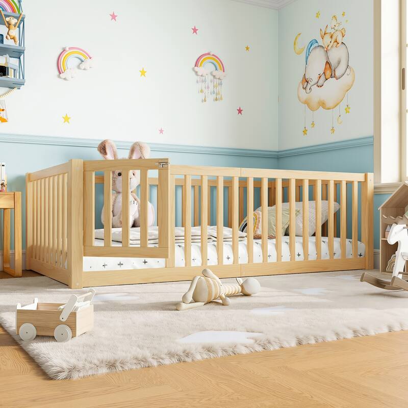 Montessori Floor Bed with Safety Guardrails & Door, Kids Low Profile Frame, Available in Queen/Full/Twin