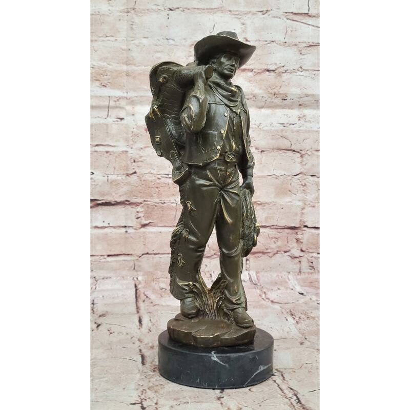 Cowboy With Saddle Bronze Sculpture - Wild West Rancher Western Art