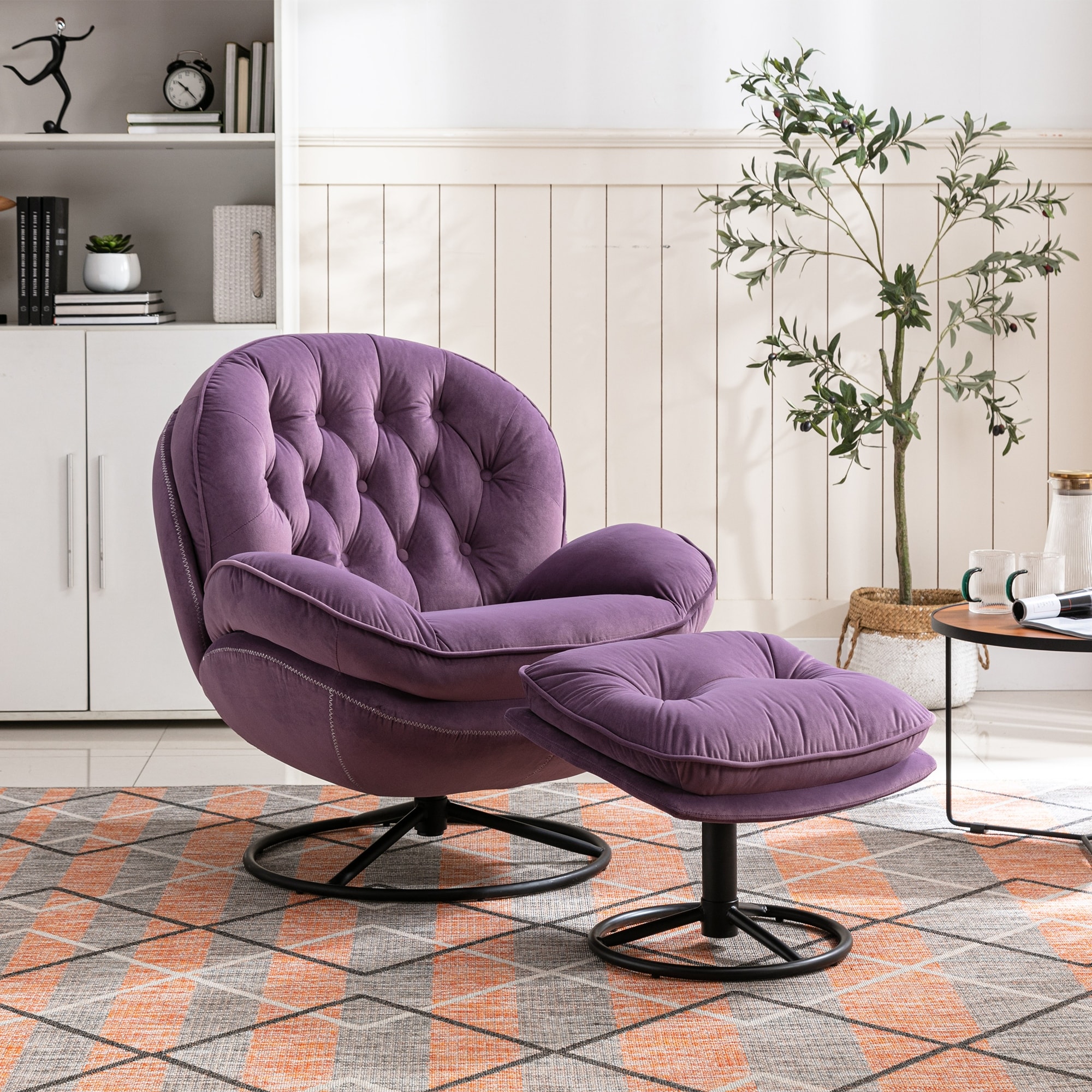 Lounge Reading Chair with Ottoman Purple Single Sofa Swivel Chair 