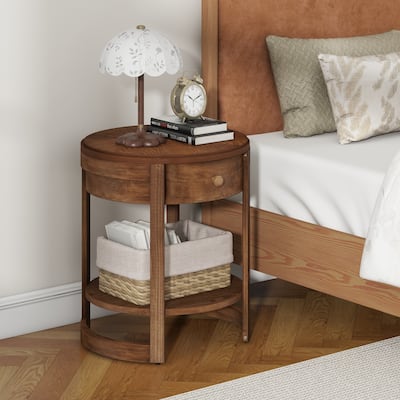 2-Tier Round Nightstand End Table with Drawer and Shelf - 19.5" x 19.5" x 24"