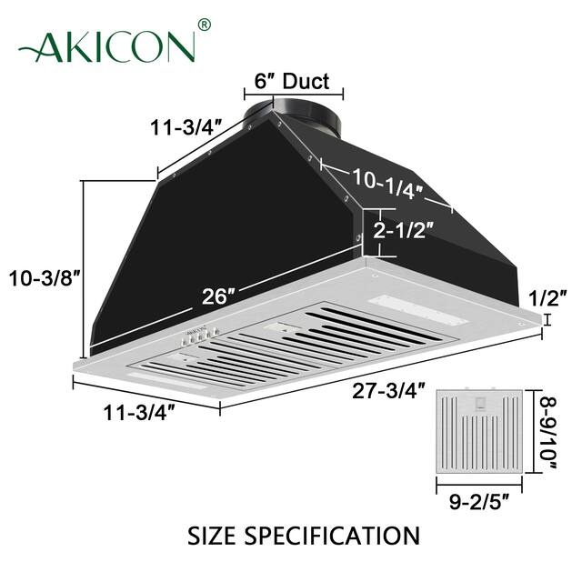 Range Hood Insert/Built-in30/ 36 inch,Ultra Quiet Powelful Vent Hood with LED Lights, 3 Speeds 600 CFM, Stainless Steel - Akicon