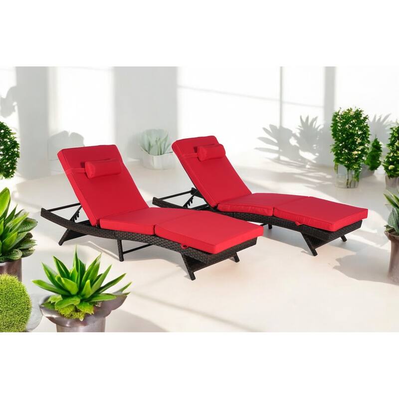 Adjustable Wicker Lounge Chair Set of 2 - Reclining Sunbathing Chairs with Cushions, All-Weather PE Rattan for Patio & Garden
