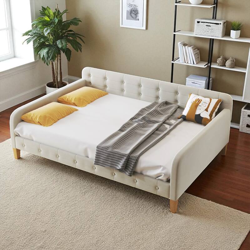 Full Size Upholstered Daybed with Velvet Fabric, Solid Wood Frame, Slat Support, No Box Spring Needed - White - Full