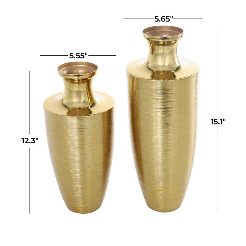 Aluminum Metal Brushed Textured Vase - Set of 2 Gold - Roche River Decor - 6"W x 6"L x 15"H