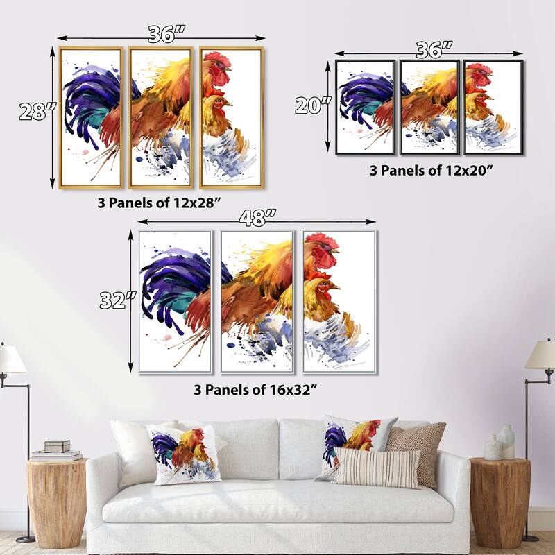 Designart "Chicken and Rooster Family" Animal Framed Canvas Wall Art