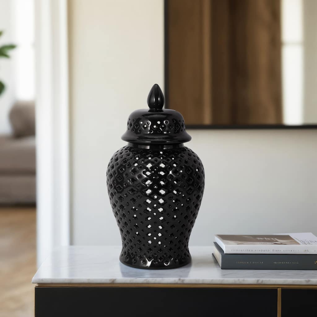 Modern Decorative Jar with Glossy Ceramic and Pierced Cutout Desig
