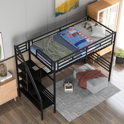 Stairway Loft Bed w/ Built In Desk, Metal Twin Size High Loftbed Frame