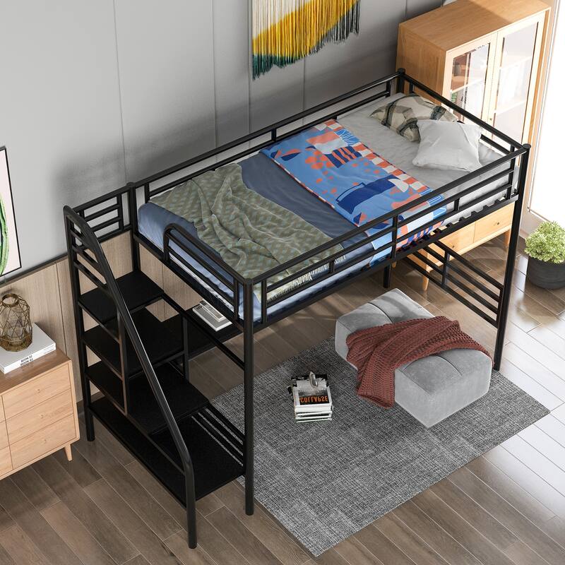 Twin Size Metal Kids Loft Bed with Desk & Guardrail and Ladder, Metal Slats Support No Box Spring Needed for Kids
