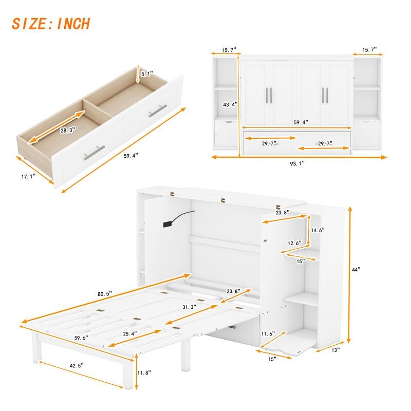 Murphy Bed with Shelves, Drawers and USB Ports,Gray