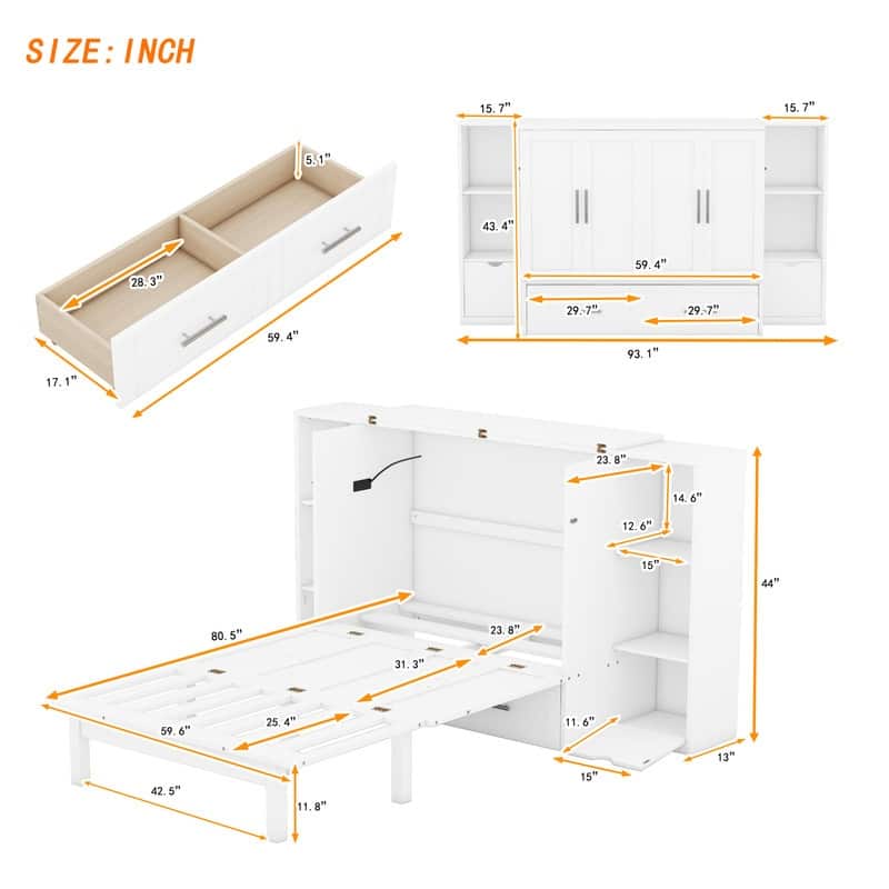 Queen Size Wood Murphy Bed with Shelves,Wall Bed with Drawers and USB Ports