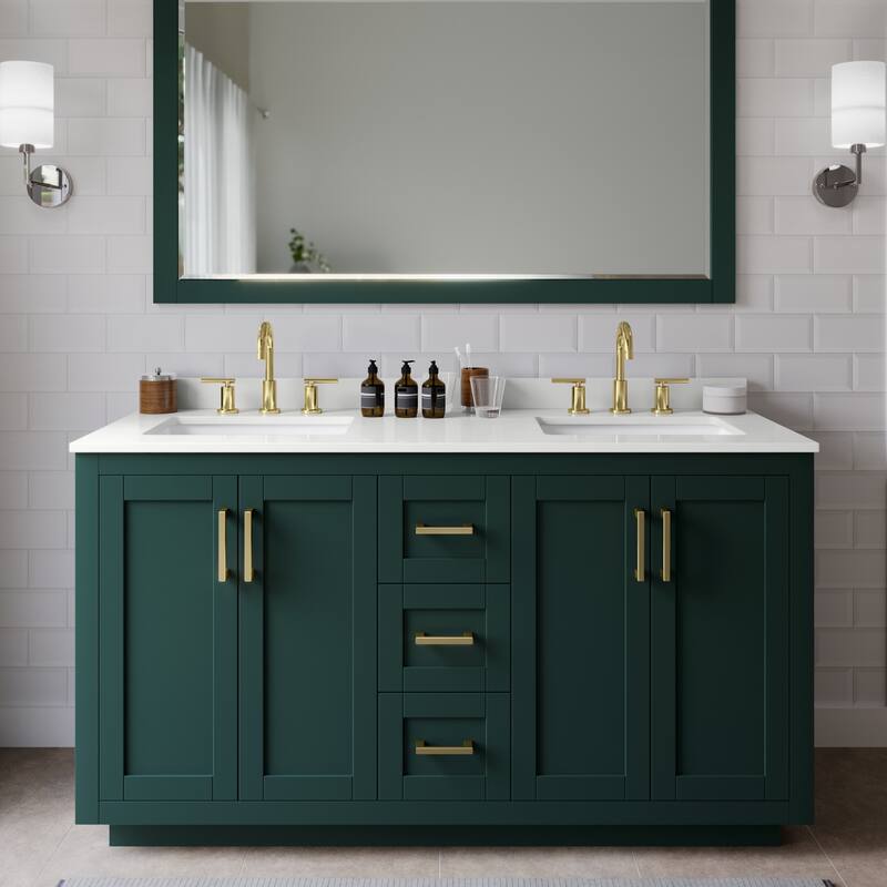 Wyndham Collection WCF292960D-QTZ-US3M58 Miranda 60" Free Standing - Green / White Quartz Top / Brushed Gold Hardware